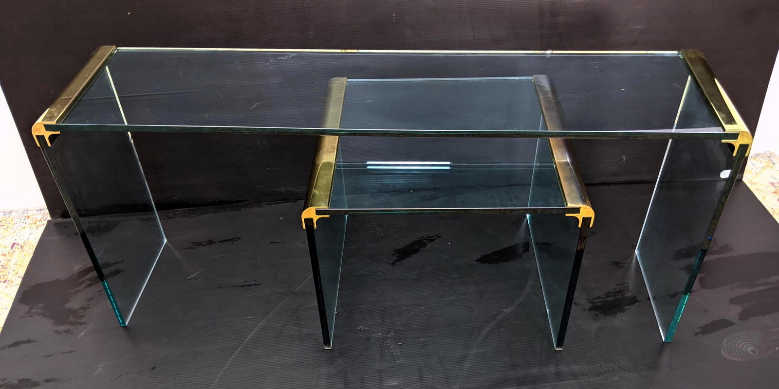 2pc Glass Hall and End Table. Brass Trim Joints. PACE S (1 of 8)