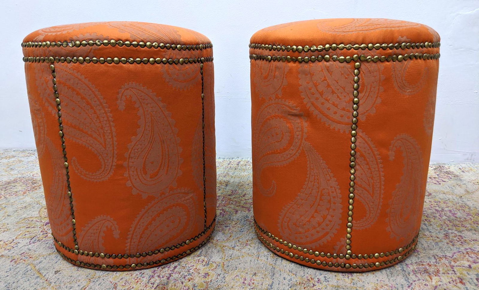 Pr Damask Upholstered Drum Form Stools Ottomans. Orange (1 of 7)