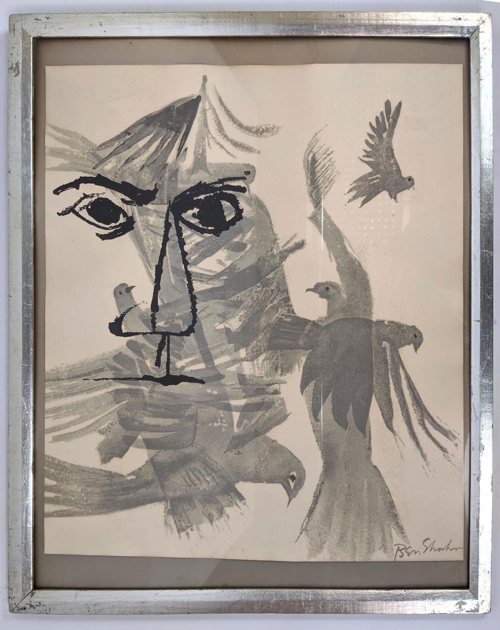BEN SHAHN Modernist print of face with doves. Signed in (1 of 9)