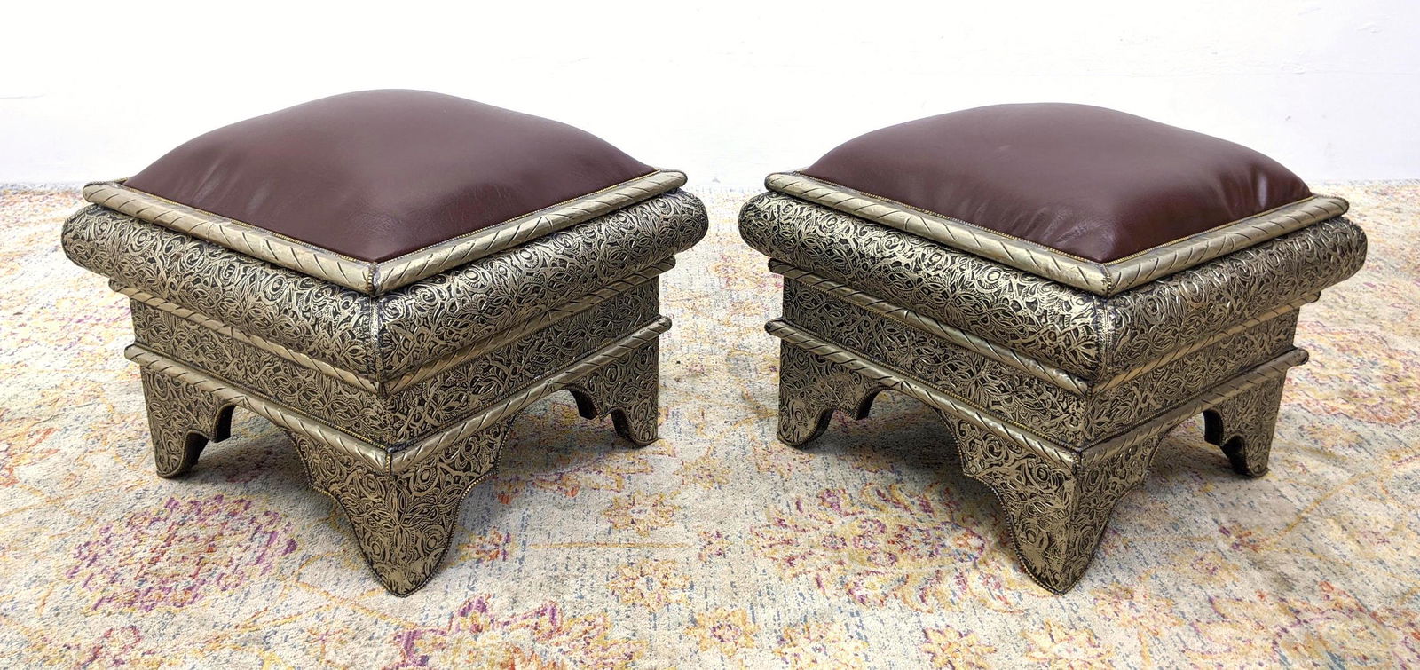 Pr Moorish Tooled Metal Foot Stools Ottomans. Purple Vi (1 of 13)