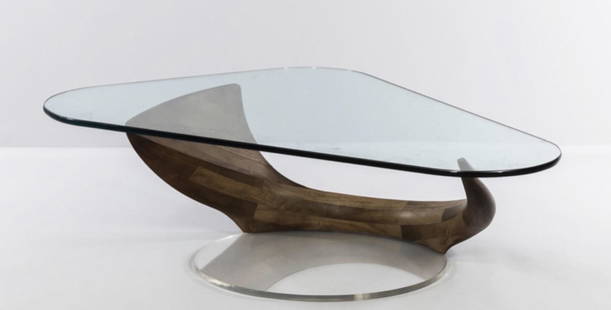 Michael Coffey Cocktail Coffee table Glass top with scu: Michael Coffey Cocktail Coffee table Glass top with sculptural wood base. Signed-- Dimensions: H: 16.5 inches: W: 66.5 inches: D: 44 inches ---