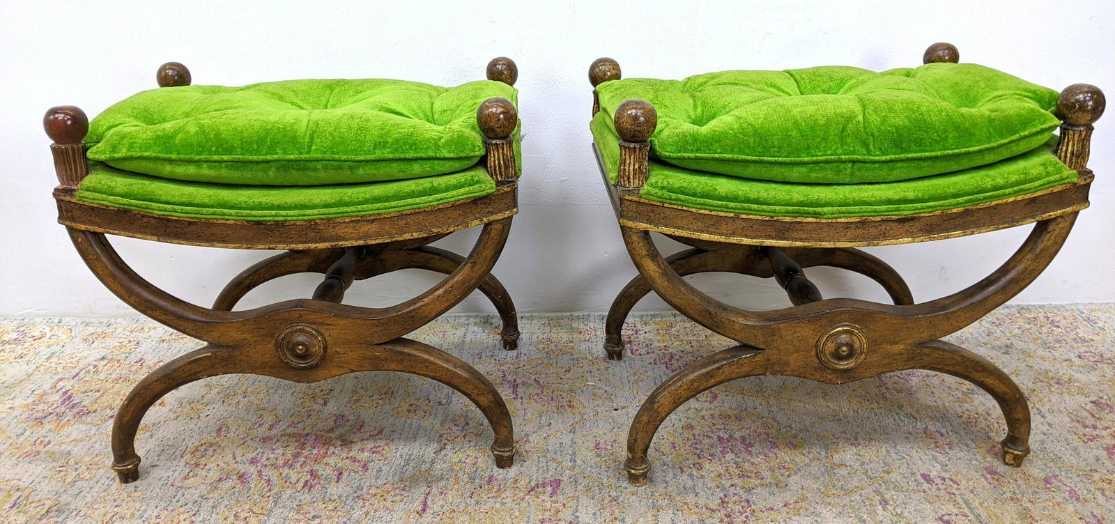 Pr Painted Wood Frame Bench Stools. Lime Green Seat Cus (1 of 16)