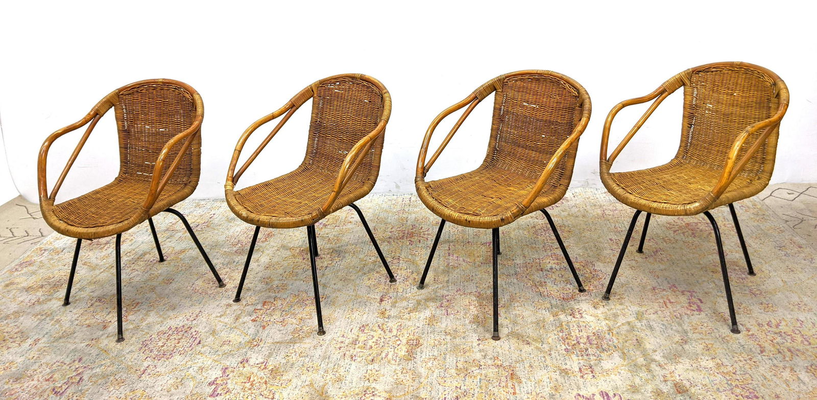Set 4 Bamboo Wicker Arm Chairs on Swivel Metal Bases. (1 of 15)