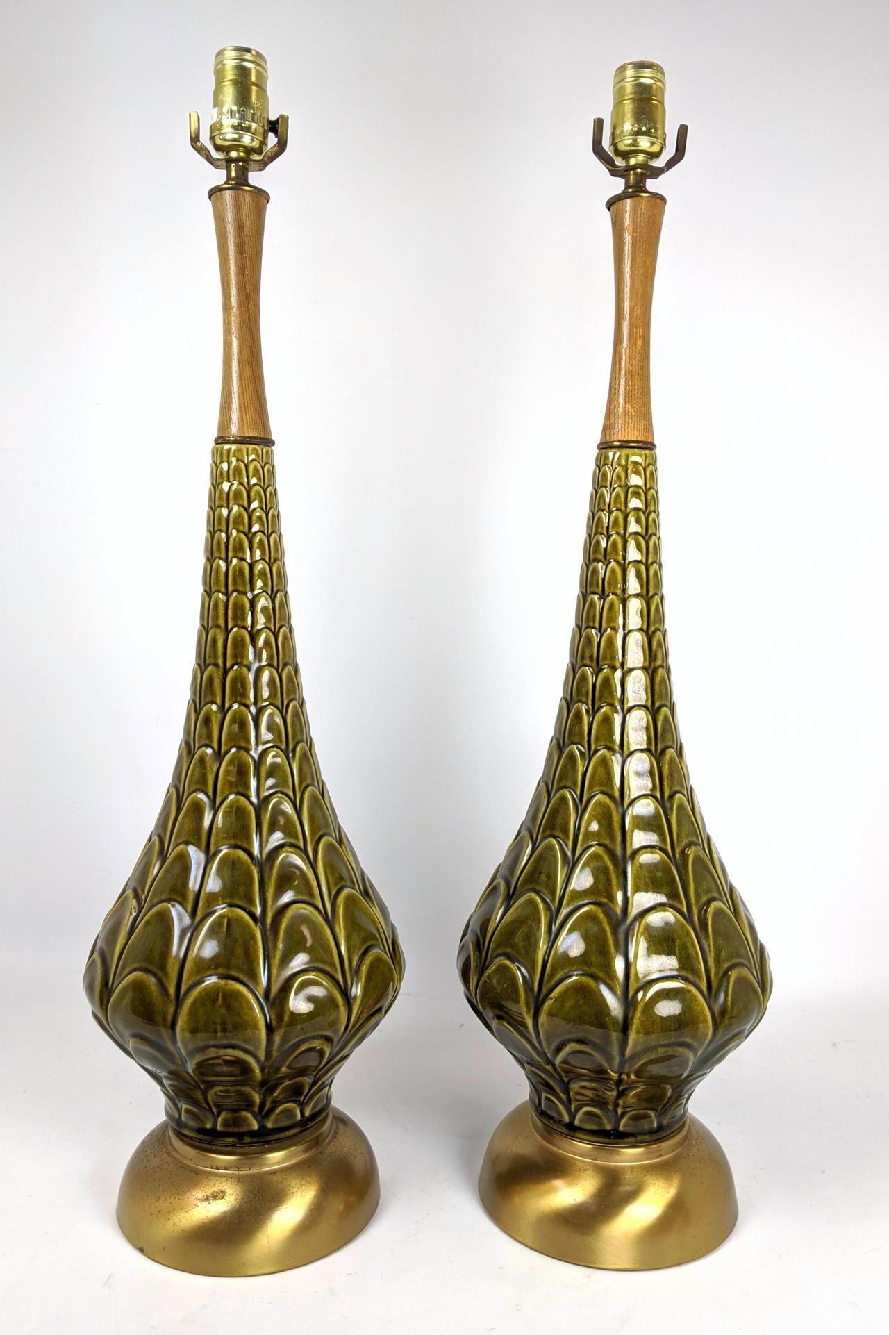 Pair 50s Modern Green Pottery Table Lamps. Wood tops. (1 of 10)