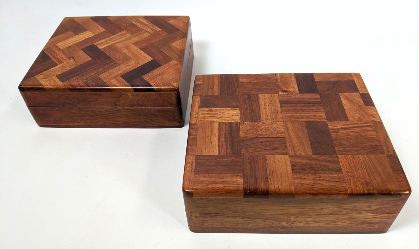 2pc. Handmade Artisan Wood Parquet Lidded Boxes (1 of 13)