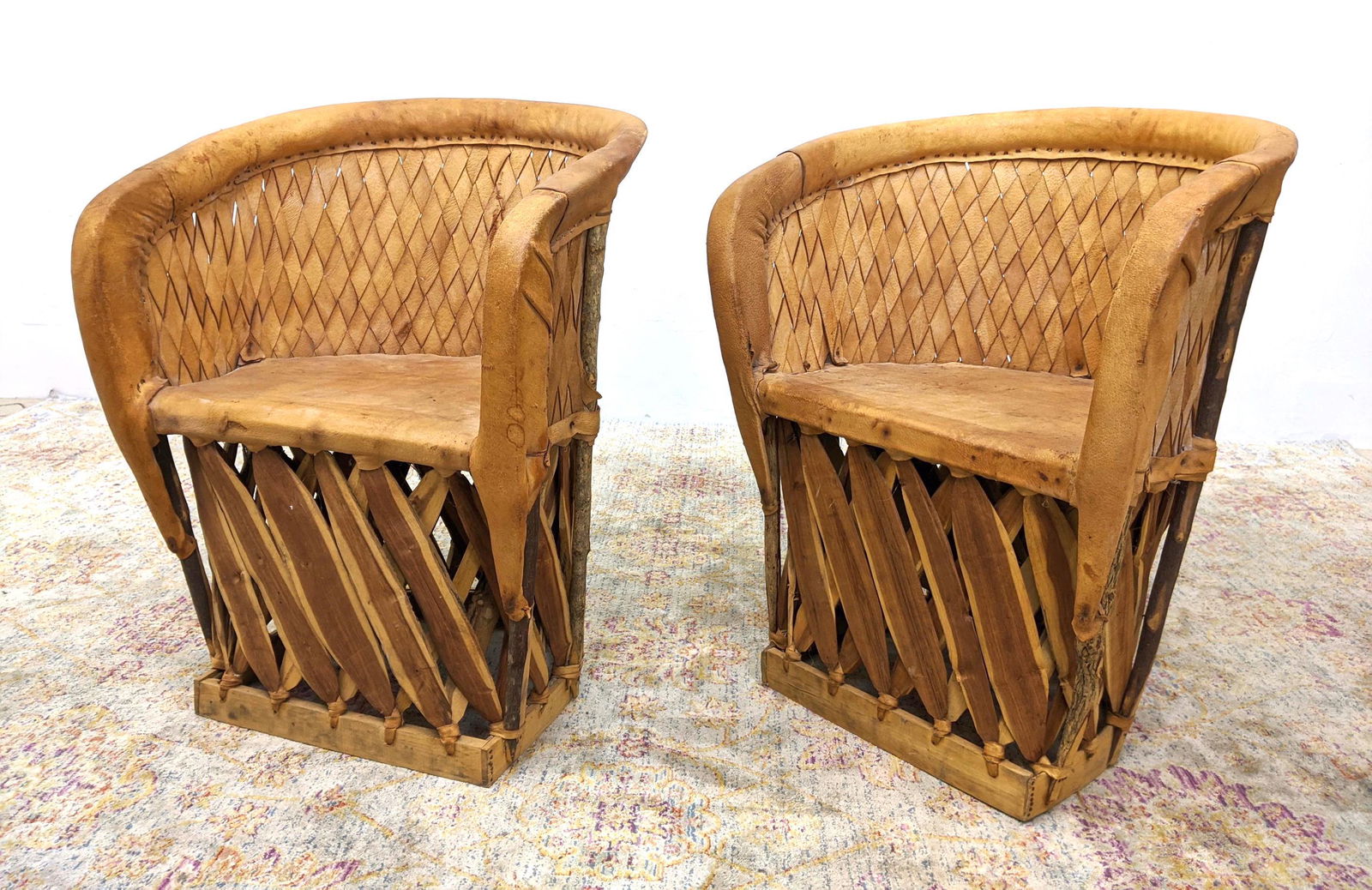 Pr Mexican Woven Leather Barrel Back Lounge Chairs. Bas (1 of 15)