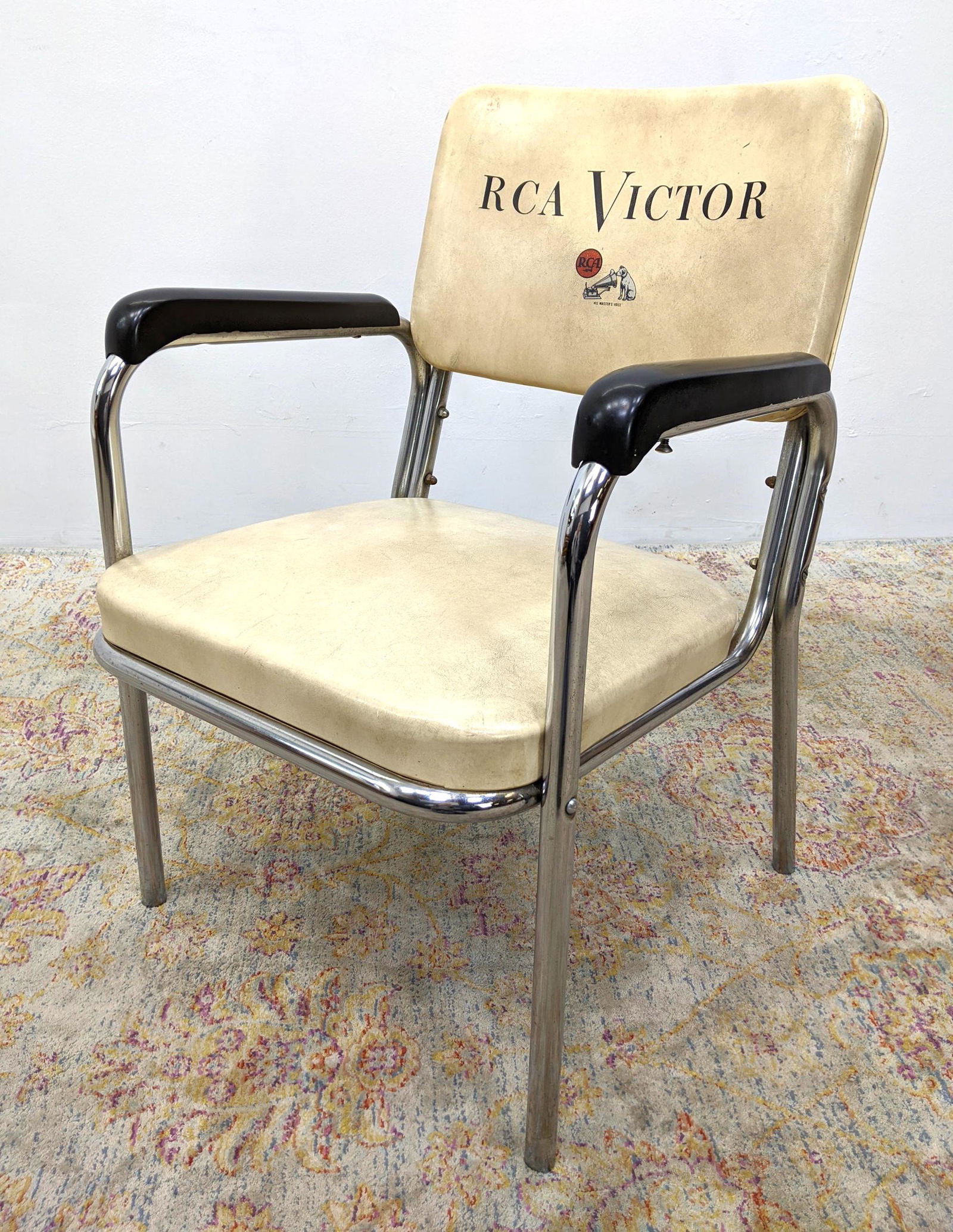 CHROMCRAFT Chrome Tube Frame Chair. RCA VICTOR, Nipper: CHROMCRAFT Chrome Tube Frame Chair. RCA VICTOR, Nipper Logo. Label FT-- Dimensions: H: 32.5 inches: W: 21 inches: D: 24 inches ---