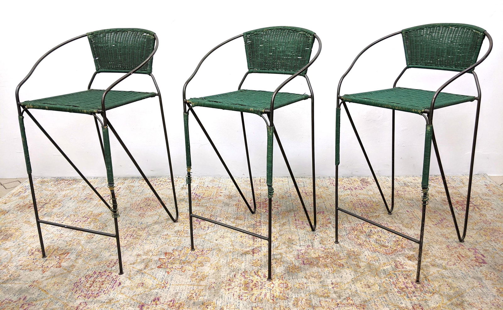 Set 3 Green Pointed Woven Wicker Metal Bar Stools. (1 of 19)