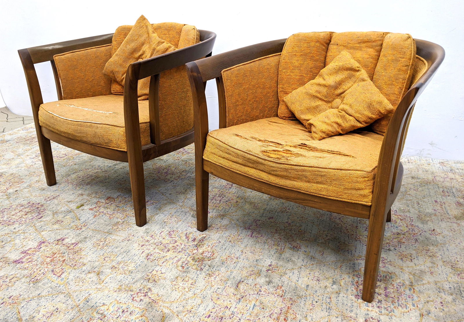 Pair Barrel Back Lounge Chairs Wood Frames. (1 of 14)