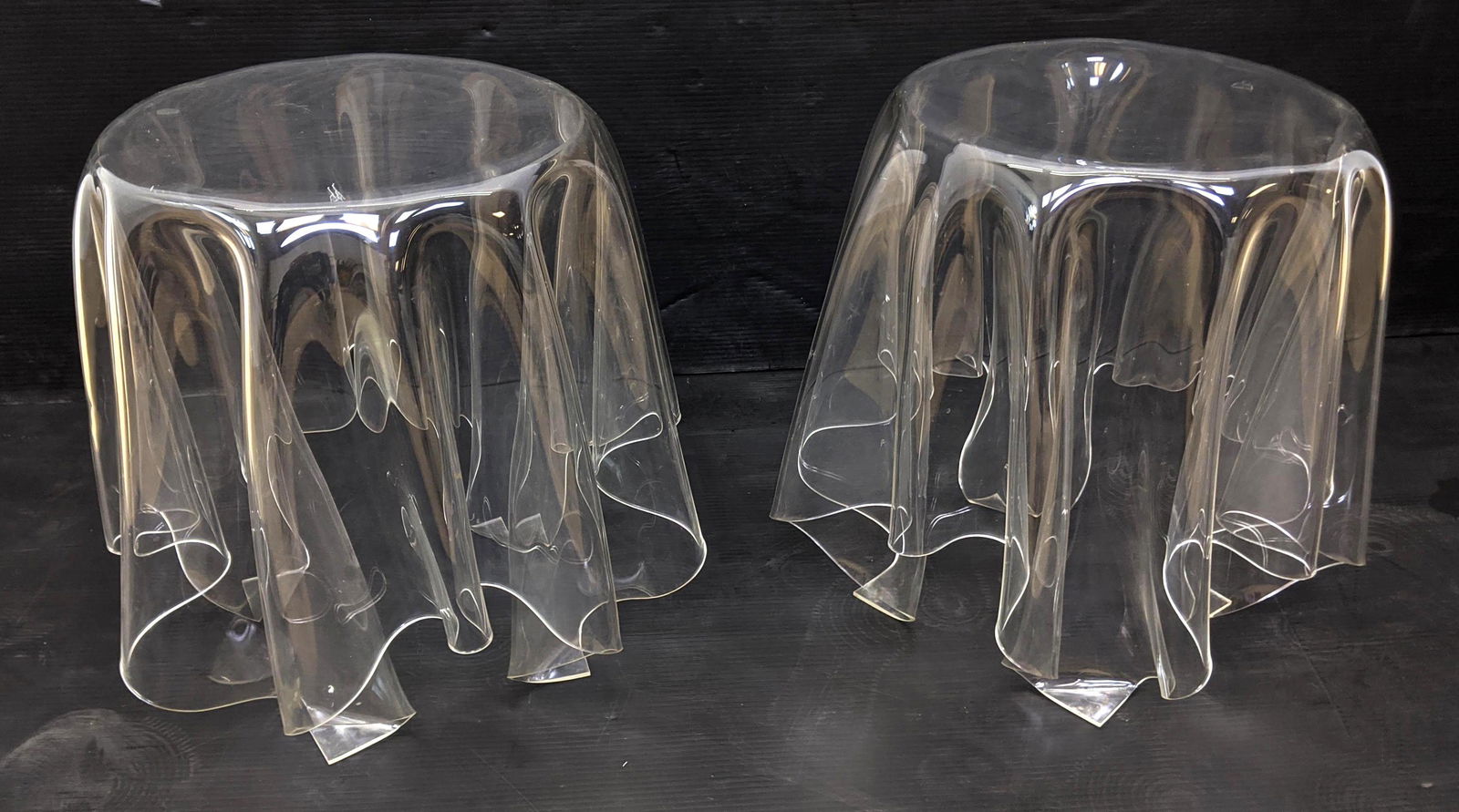 Pair Acrylic Lucite Drape Form Side Table Stools. (1 of 6)