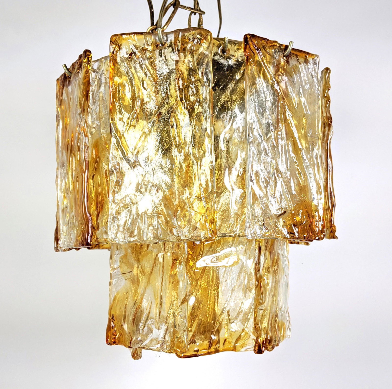 Murano Glass Chandelier Pendant Lamp with Amber Texture: Murano Glass Chandelier Pendant Lamp with Amber Textured Glass Panels. -- Dimensions: H: 12.5 inches: W: 14 inches: D: 14 inches ---