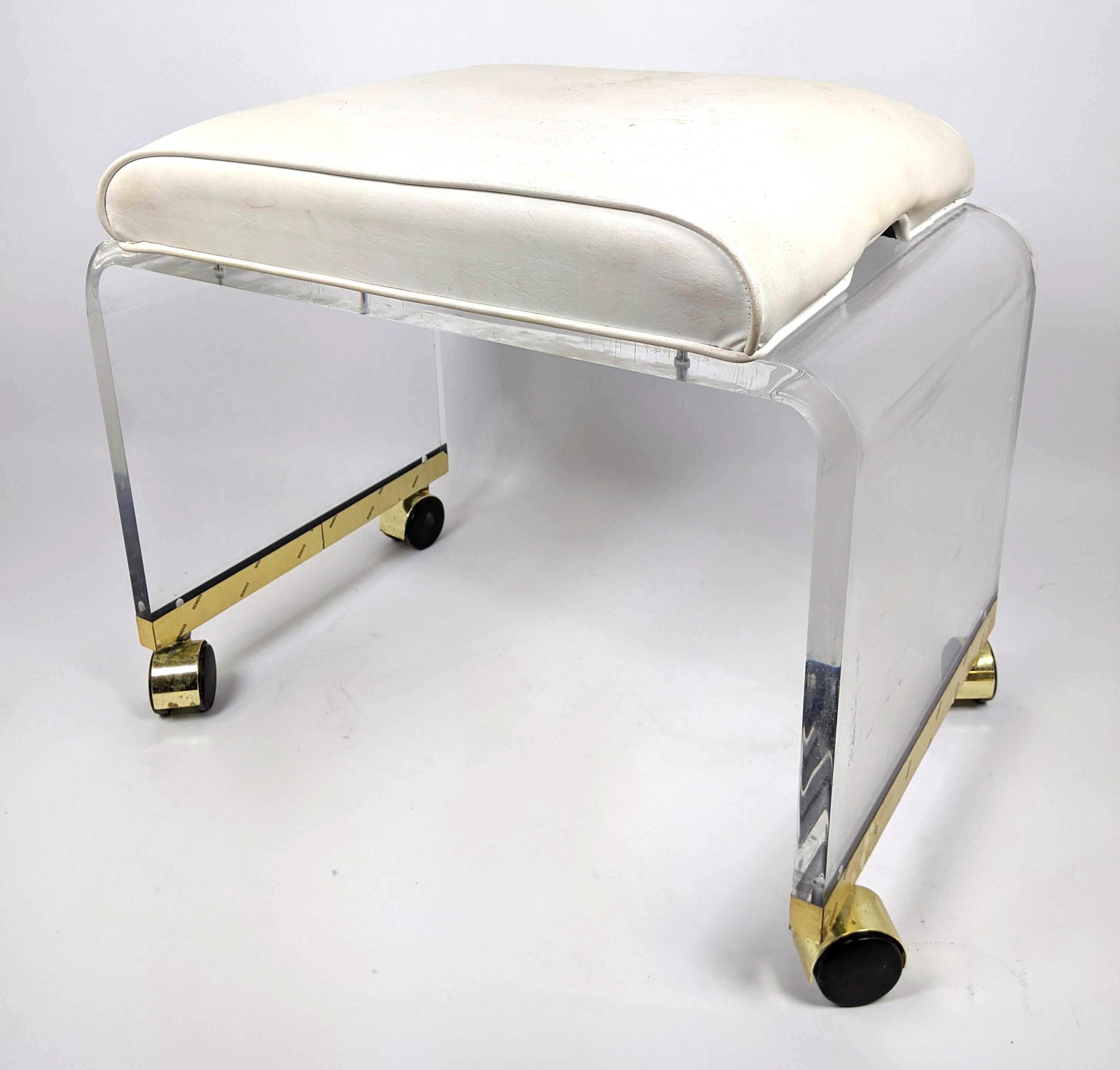 Modernist Lucite White Vinyl Rolling Vanity Stool. Bras (1 of 13)