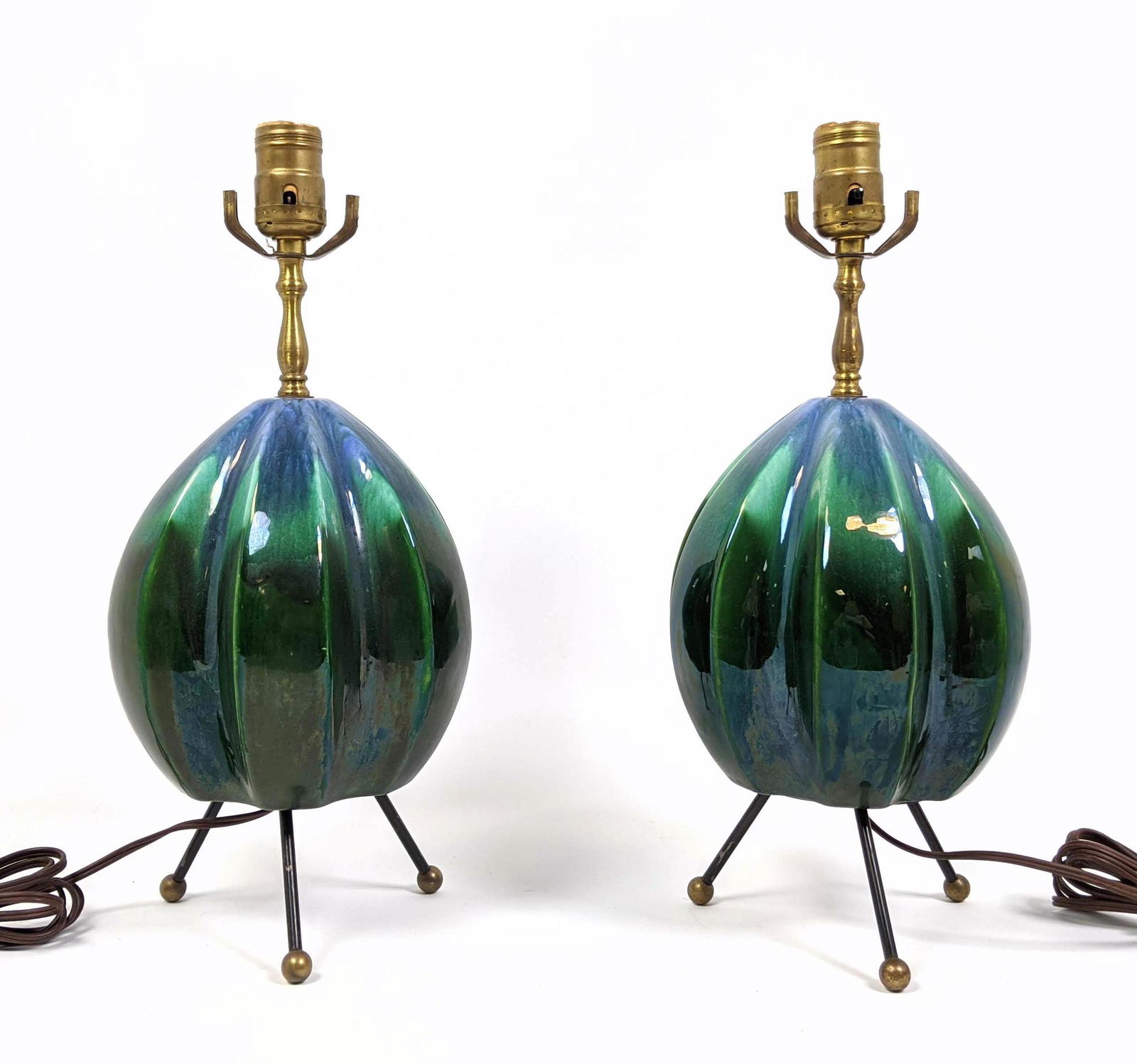 Pr ROYAL HAEGER Glazed Pottery Table Lamps. Blue Green (1 of 13)