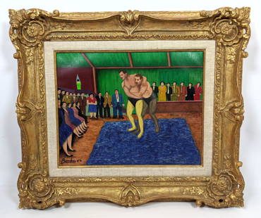 CAMILLE BOMBOIS Oil Panting on canvas. The Wrestlers. S: CAMILLE BOMBOIS Oil Panting on canvas. The Wrestlers. Signed.-- Dimensions: H: 12.5 inches: W: 16 inches ---