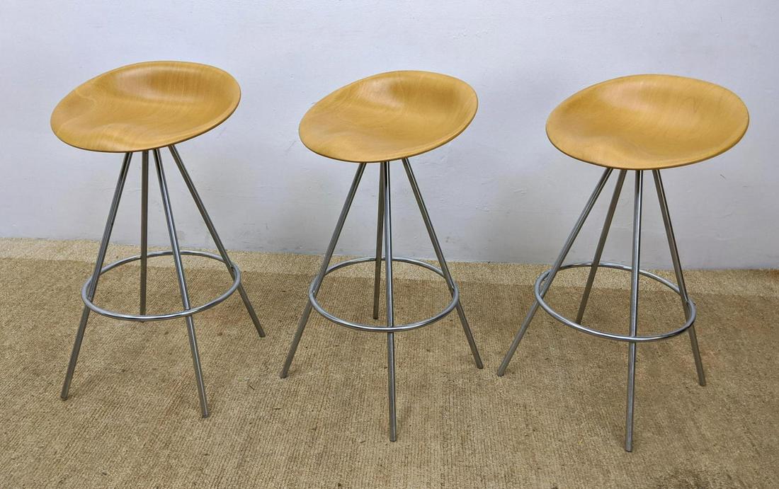 Set 3 Molded Seat Chrome Base Modernist Bar Stools. (1 of 10)
