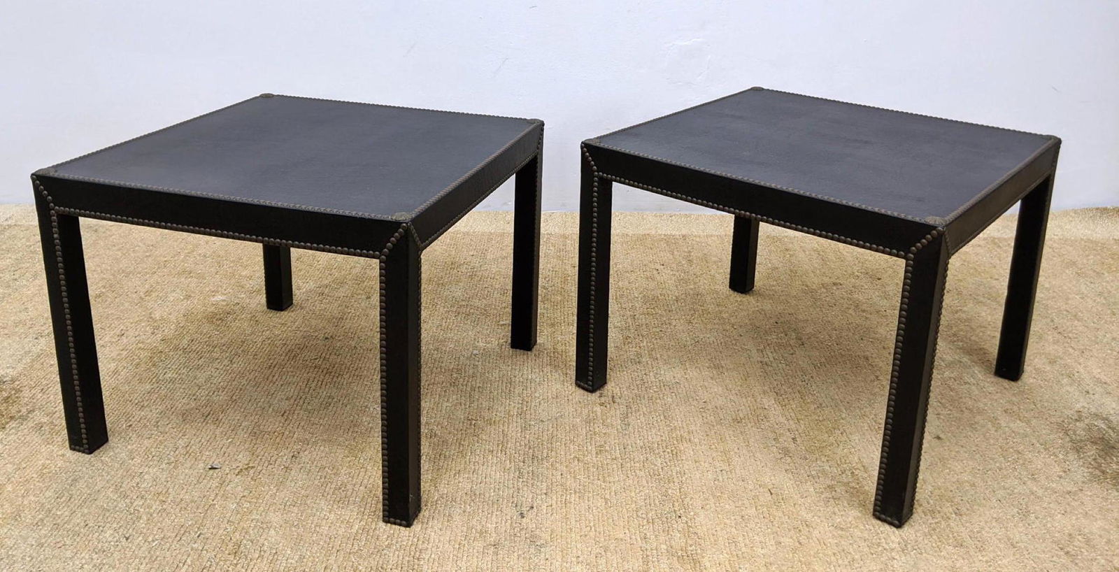 Pr  Brass Stud Tack Trimmed Side Tables. Parsons style (1 of 9)