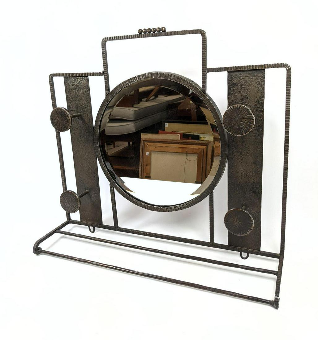 French Art Deco Hammered Iron Wall Mirror Hat Rack Shel (1 of 10)