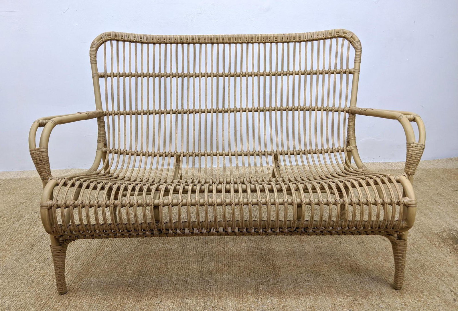 Metal and Rattan Sofa Metal base frame with rattan. No: Metal and Rattan Sofa Metal base frame with rattan. No cushions.-- Dimensions: H: 34 inches: W: 48 inches: D: 30 inches ---