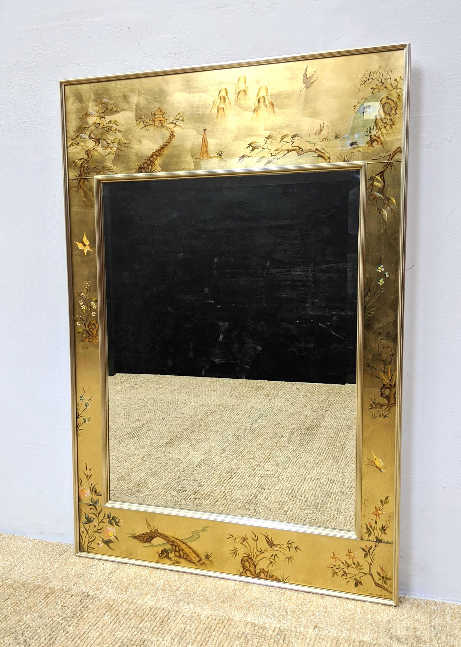 LaBARGE Eglomise Framed Mirror. Asian Flowers and Bridg (1 of 12)
