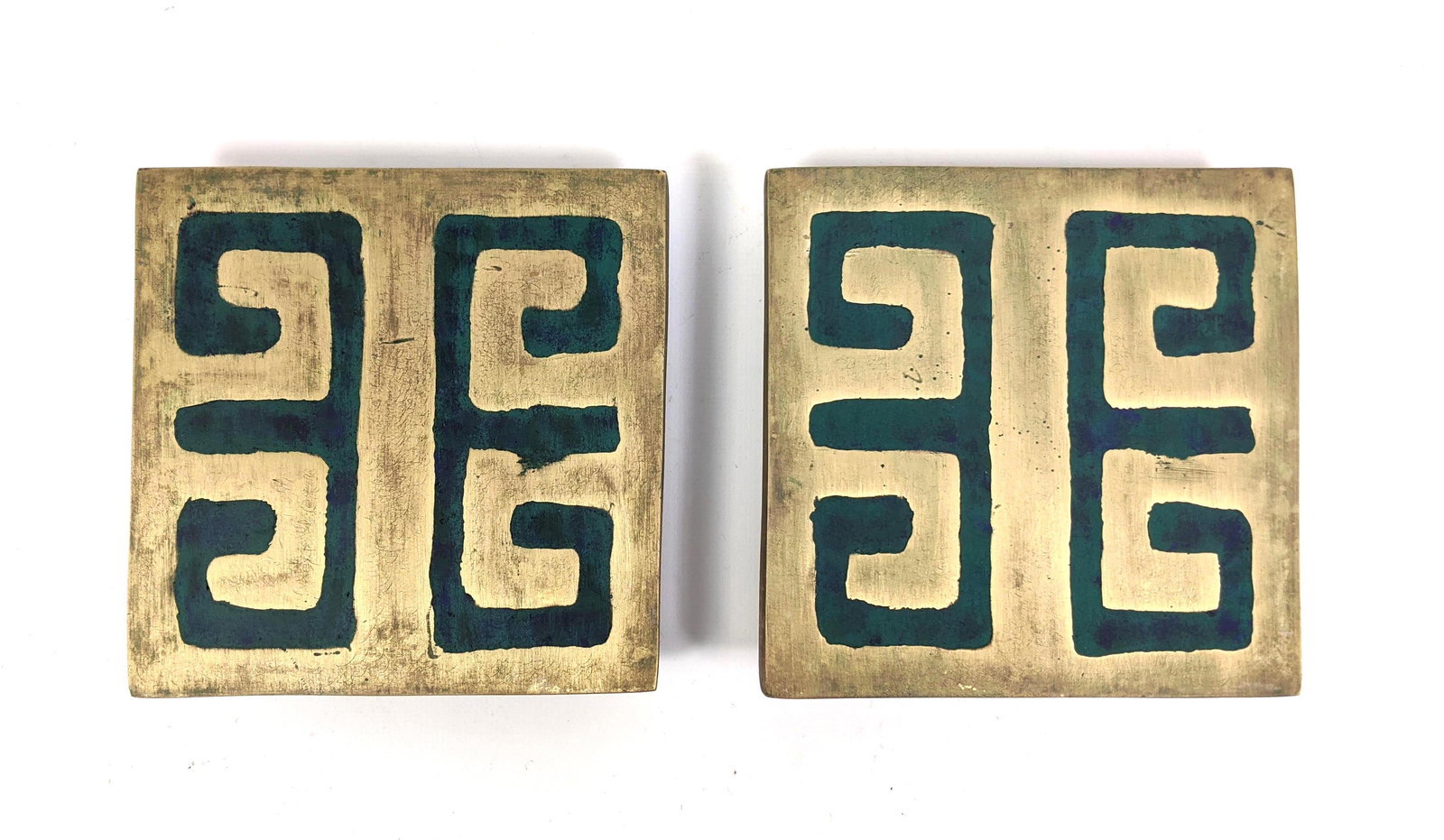 Pr Stamped Mendoza Bronze And Enamel Door Handles. Squa: Pr Stamped Mendoza Bronze And Enamel Door Handles. Square. -- Dimensions: H: 5 inches: W: 5 inches: D: 1.25 inches ---