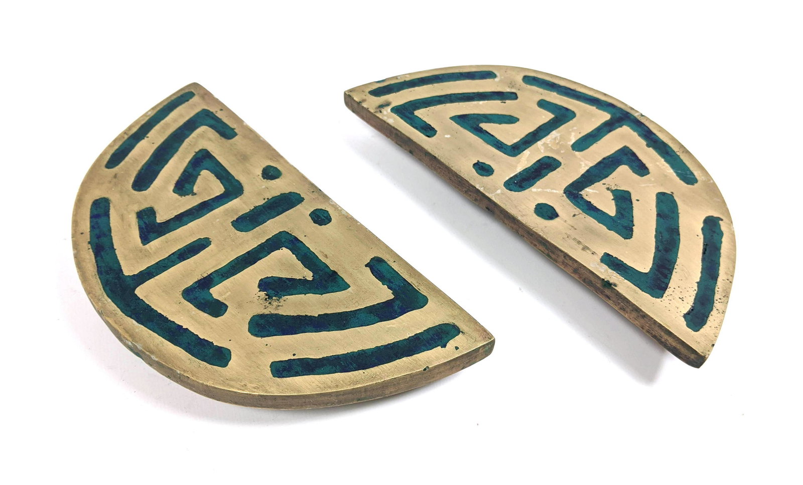Pr Stamped Mendoza Bronze And Enamel Door Handles. Half: Pr Stamped Mendoza Bronze And Enamel Door Handles. Half Round.-- Dimensions: H: 8 inches: W: 4 inches: D: 1.25 inches ---