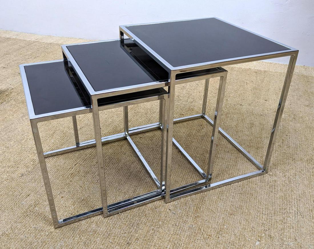 Set 3 Black Top Chrome Frame Nesting Tables. Modernist. (1 of 8)