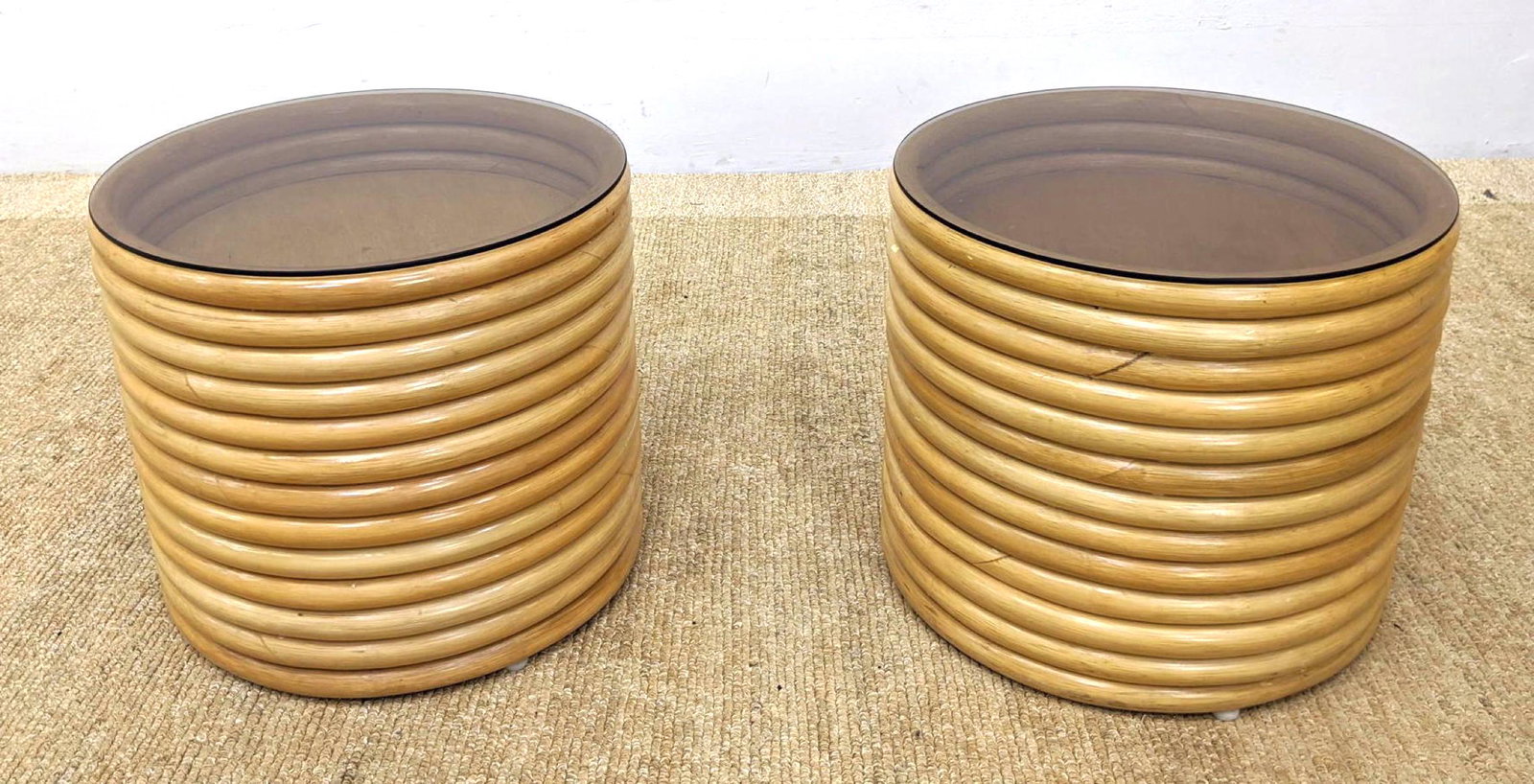 Pr Stacked Bamboo Glass Top Side End Tables. Miami Mode (1 of 7)