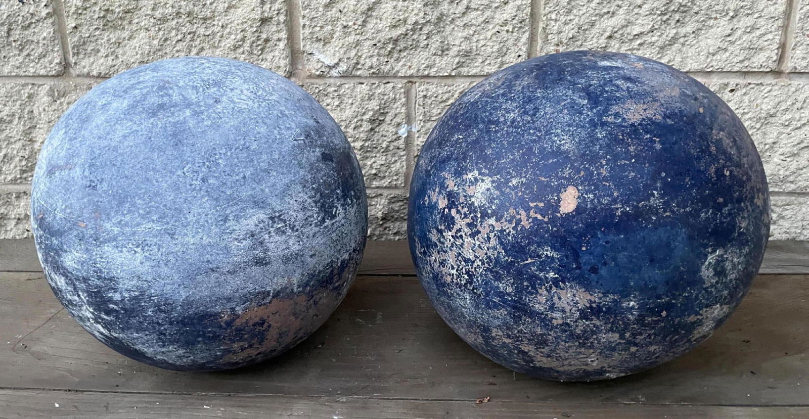 Pair Pottery Garden Spheres with Distressed Paint Finis (1 of 9)