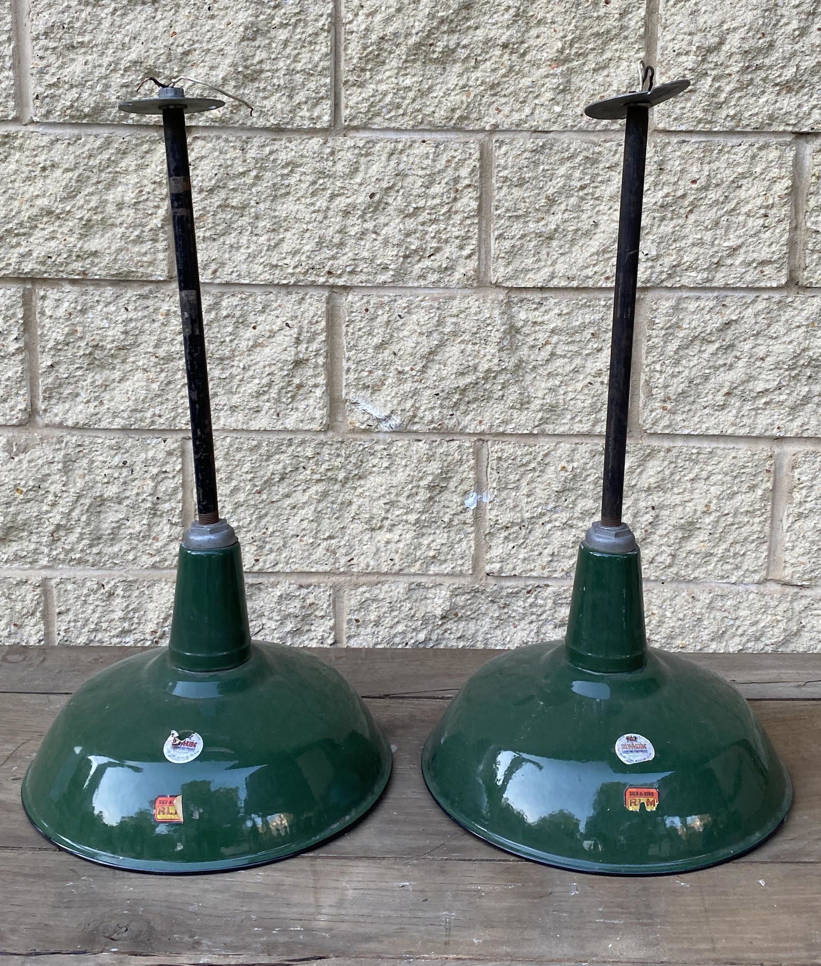 Vintage SILV A KING Green Enamel Pendant Lamps.: Vintage SILV A KING Green Enamel Pendant Lamps. -- Dimensions: H: 29 inches: W: 16 inches: D: 16 inches ---