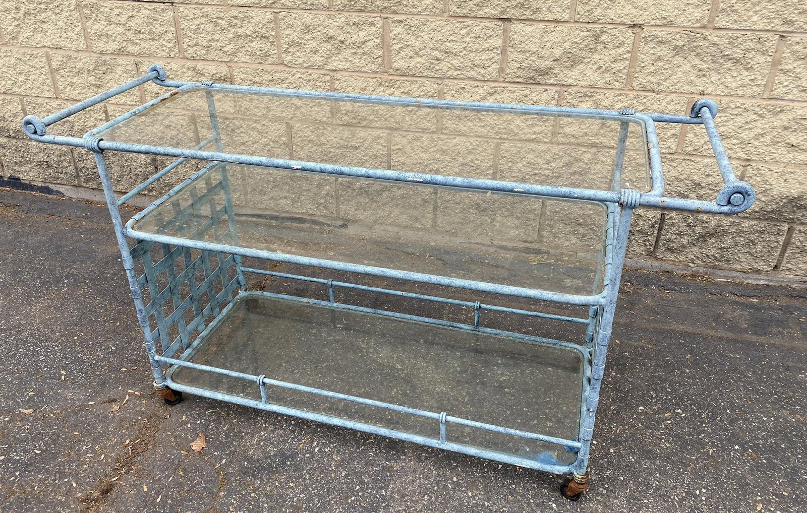 Oversized. Green Patinated Metal Bar Cart Server. Strap: Oversized. Green Patinated Metal Bar Cart Server. Strap form ends.-- Dimensions: H: 33 inches: W: 60 inches: D: 20 inches ---