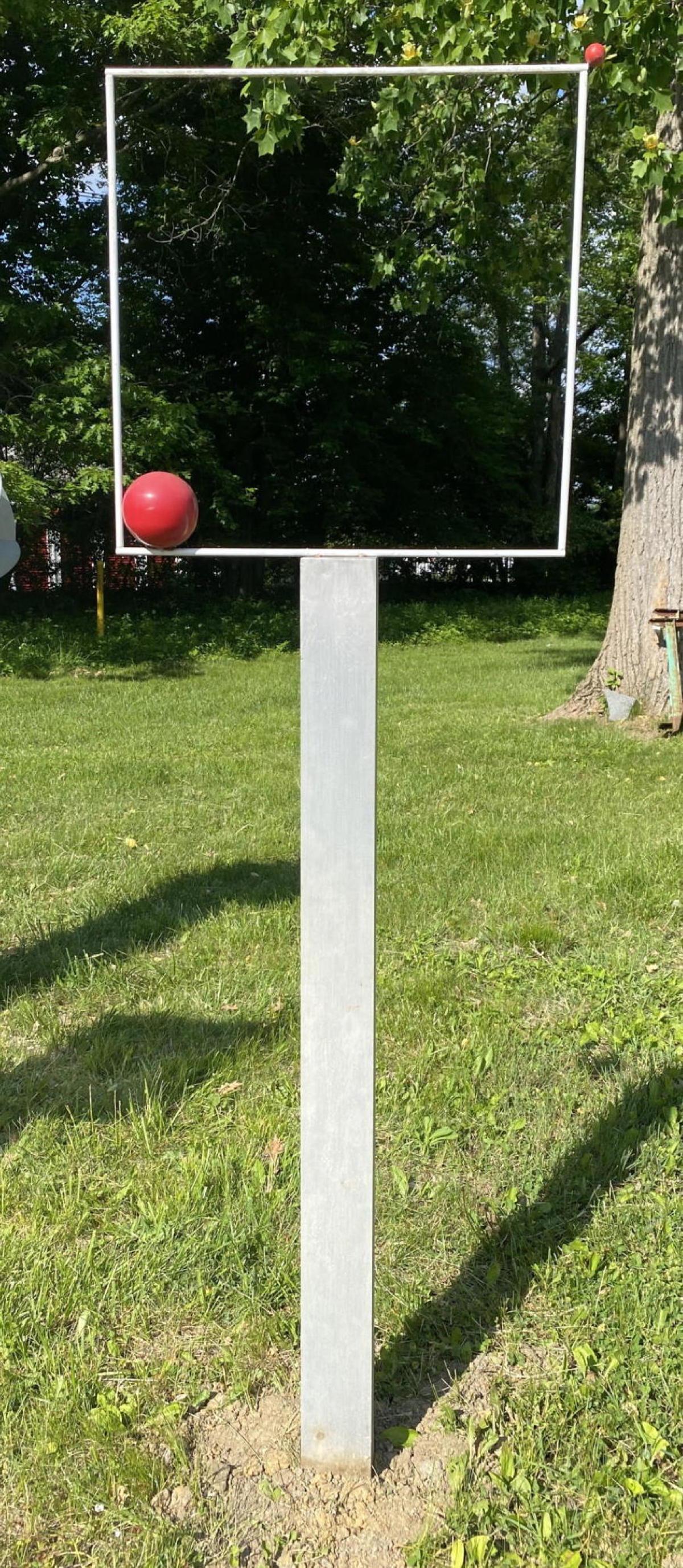 Tall GEORGE D'AMATO Minimalist Enameled Steel Sculpture: Tall GEORGE D'AMATO Minimalist Enameled Steel Sculpture. Garden Sculpture. Aluminum base. Red ball in square. D'AMATO was an award winning art director who worked on award winning ad campaigns for Alk