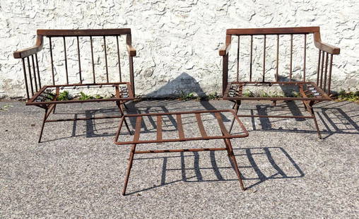 3pc Richard McCarthy Lounge Chairs and Ottoman. Iron an: 3pc Richard McCarthy Lounge Chairs and Ottoman. Iron and Wood Modernist Lounge Chairs, Table. Iron rods support wood arms and back crest frame. Lot includes Low Table or Foot Stool / Ottoman. Frames O