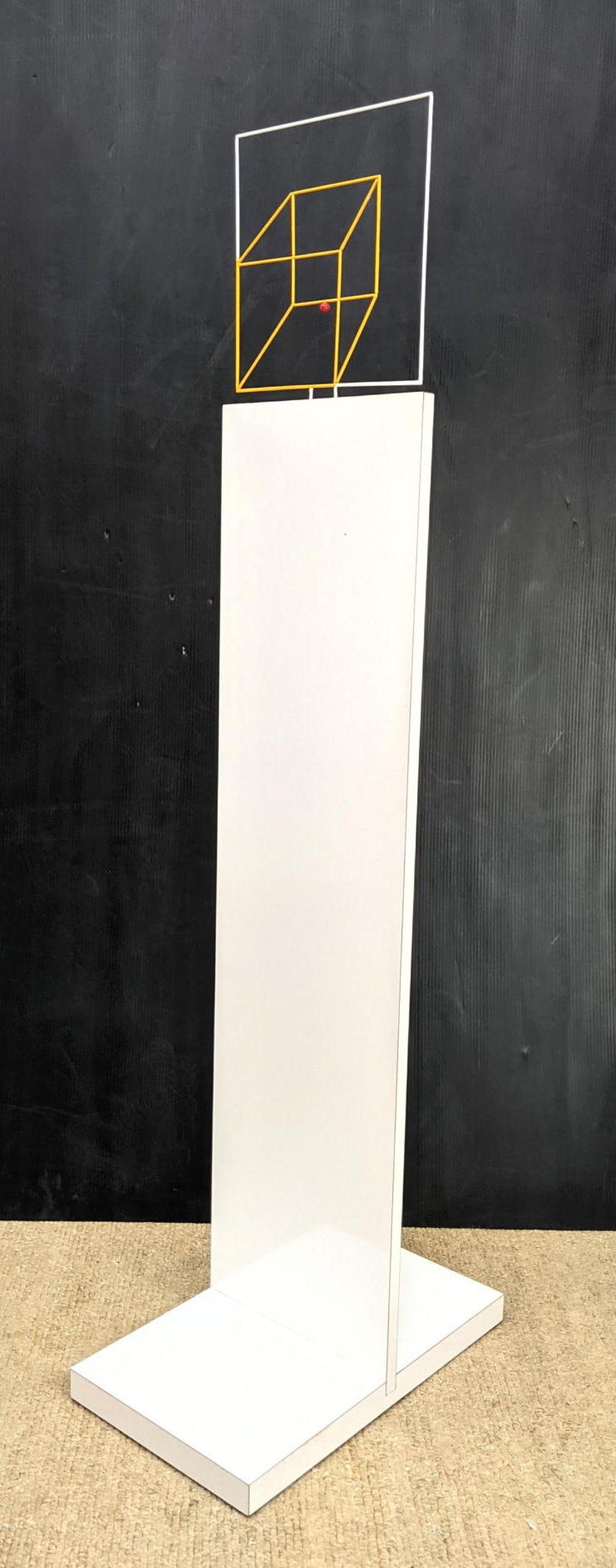 GEORGE D'AMATO Minimalist Enameled Steel Sculpture. Squ: GEORGE D'AMATO Minimalist Enameled Steel Sculpture. Square in square. White Laminate base. D'AMATO was an award winning art director who worked on award winning ad campaigns for Alka Seltzer and L'ore