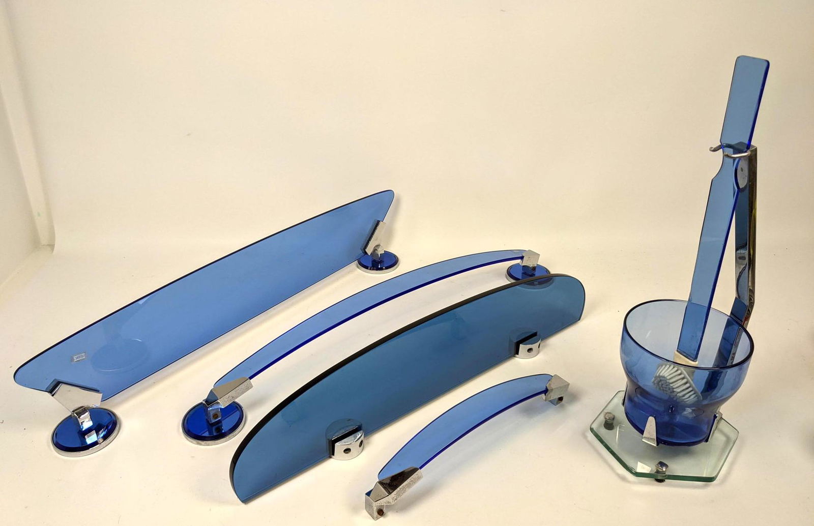 VECA Blue Glass and Chrome Bathroom Set.: VECA Blue Glass and Chrome Bathroom Set. -- Dimensions: H: 18.5 inches: W: 7 inches: D: 7 inches ---