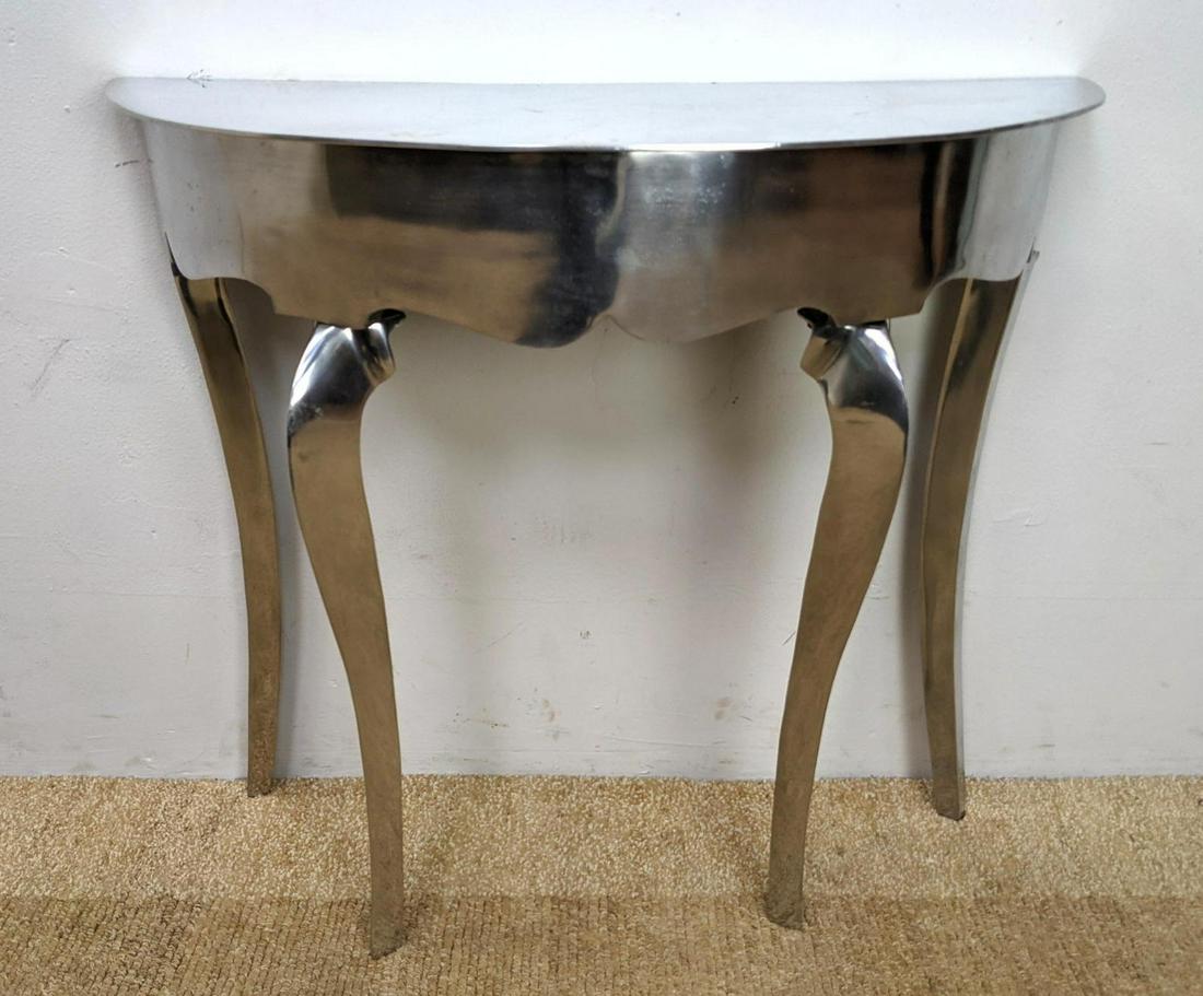 Contemporary Aluminum Demi Lune Table.: Contemporary Aluminum Demi Lune Table. -- Dimensions: H: 27.5 inches: W: 31 inches: D: 12.5 inches ---
