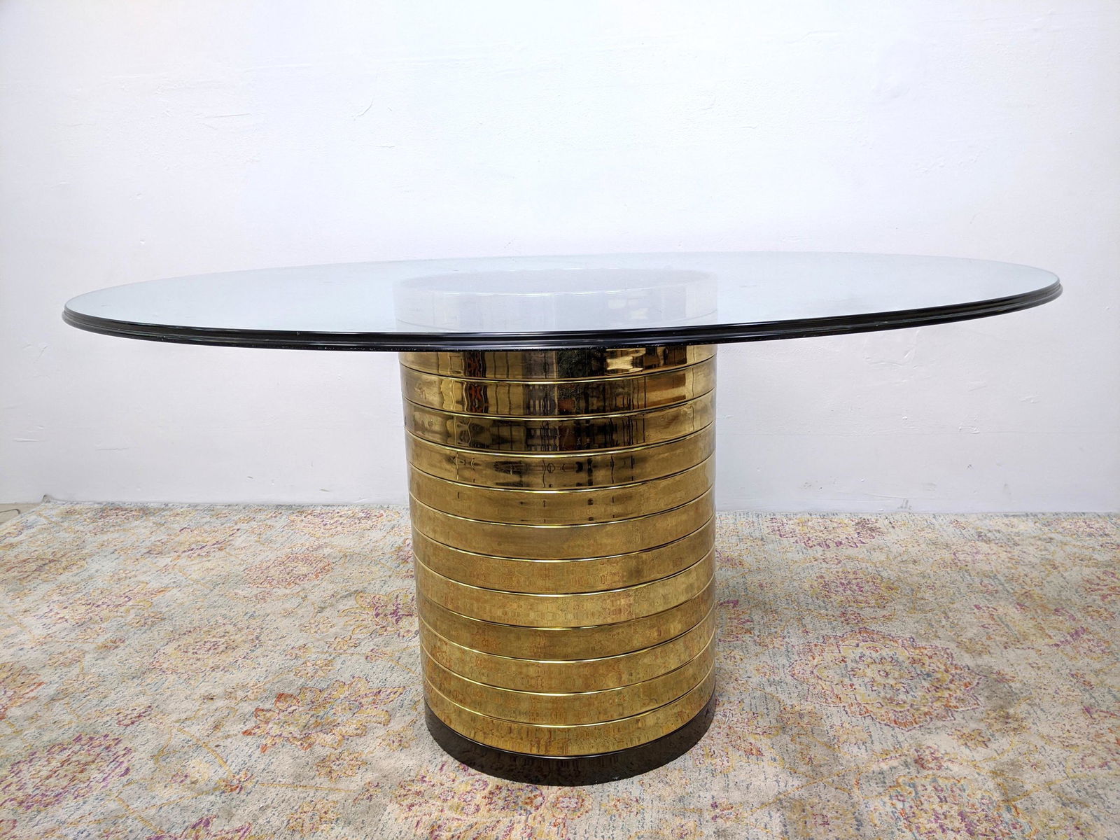 Brass Tone Stacked Ring Pedestal Dining Table. Round Gl (1 of 9)