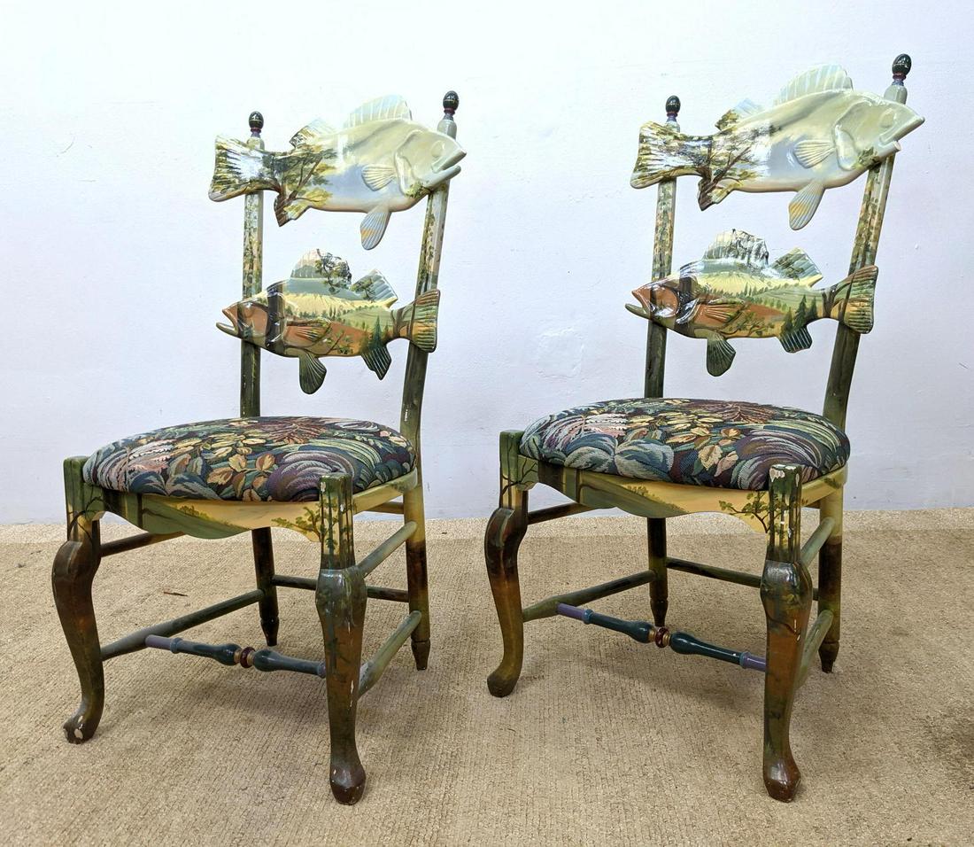 Pr MacKENZIE CHILDS Hand Painted Fish Chairs. Each with (1 of 18)