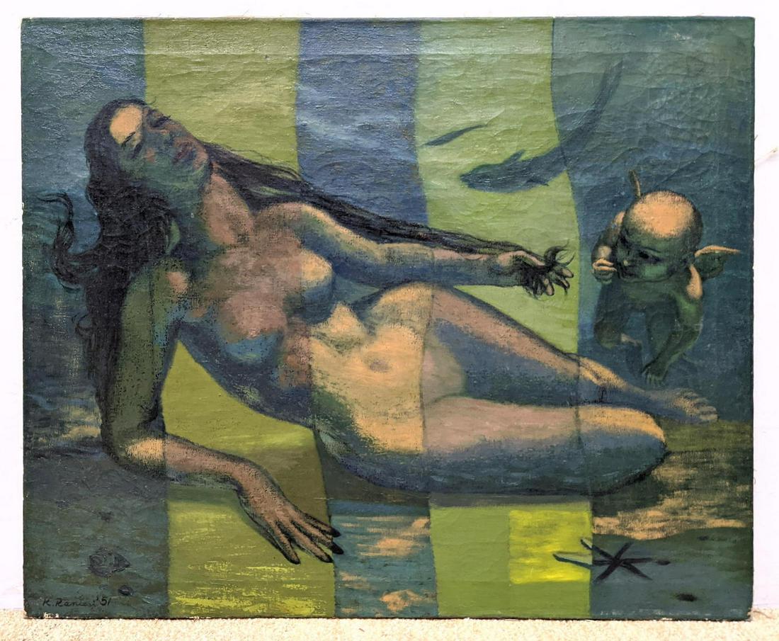 (Bob) RANIERI Signed Figural Painting. Reclining female: (Bob) RANIERI Signed Figural Painting. Reclining female nude with Cherub. Striped ground. Signed. -- Dimensions: H: 28 inches: W: 34 inches: D: .75 inches ---