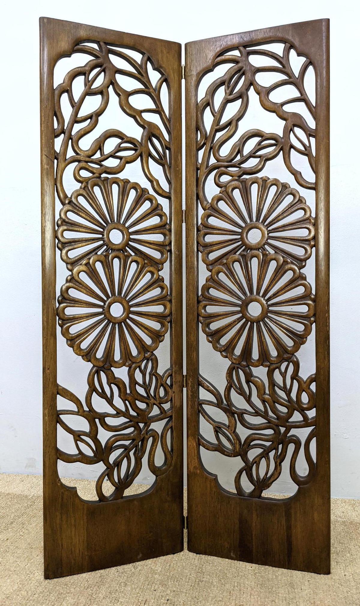 Two Panel Carved Wood Floral Screen Room Divider.  Carv (1 of 11)