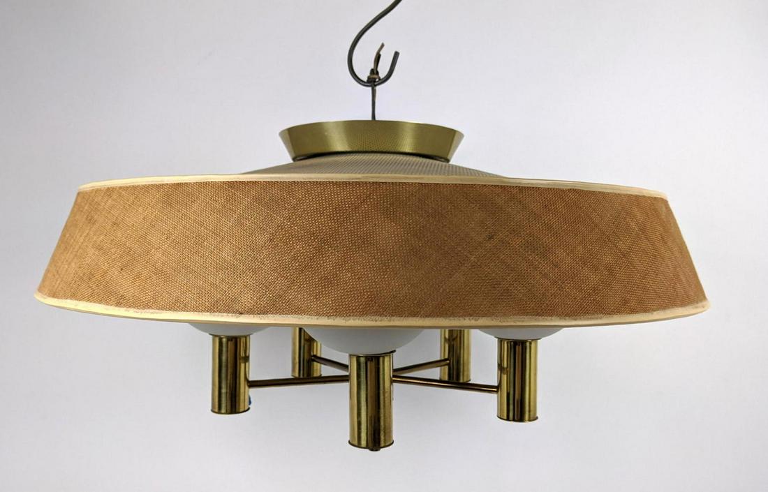 Modernist Brass Fabric Shade LIGHTOLIER Chandelier. Fiv (1 of 15)