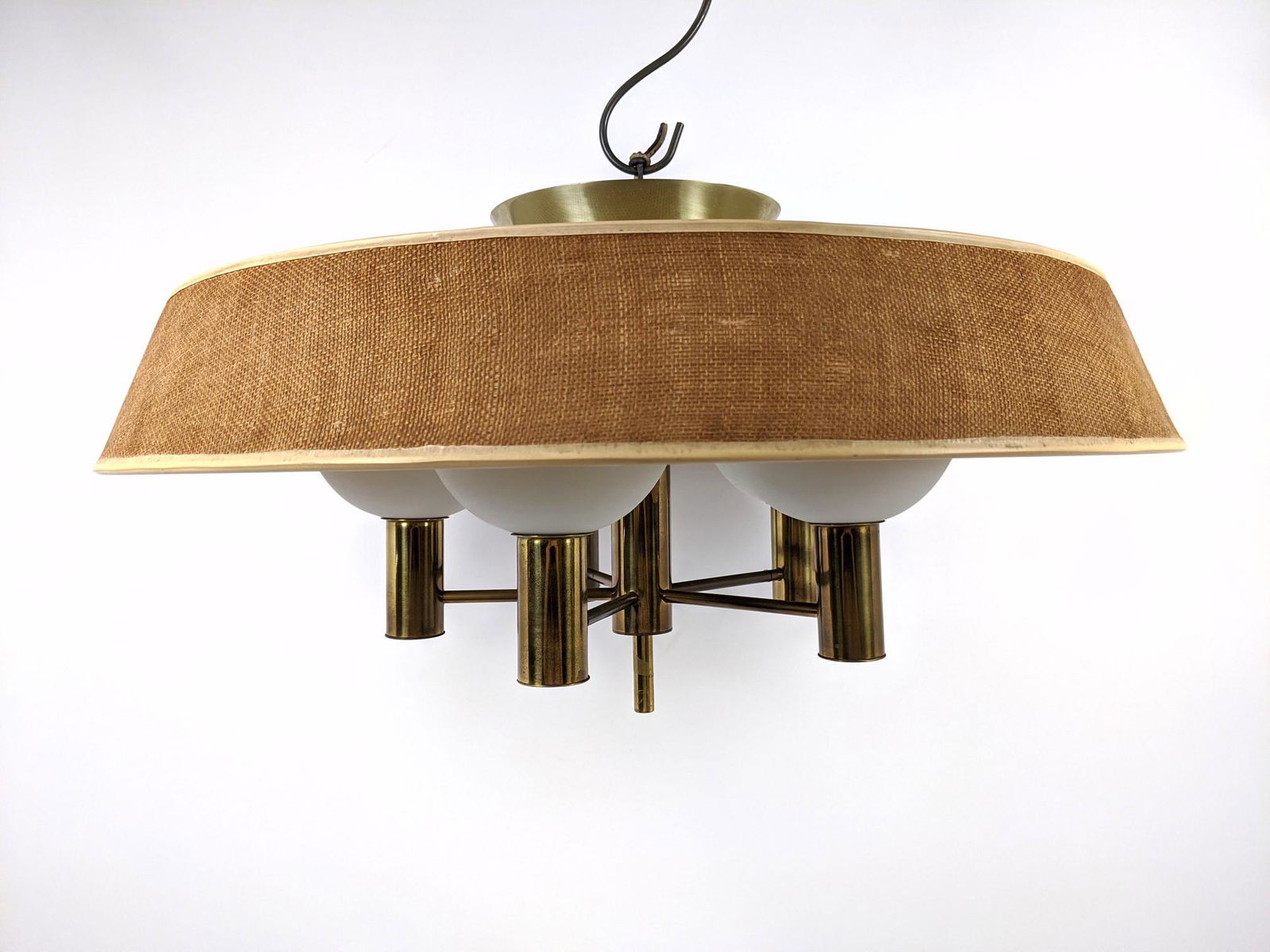 LIGHTOLIER Brass Frame Fabric Shade Chandelier. Five br (1 of 14)