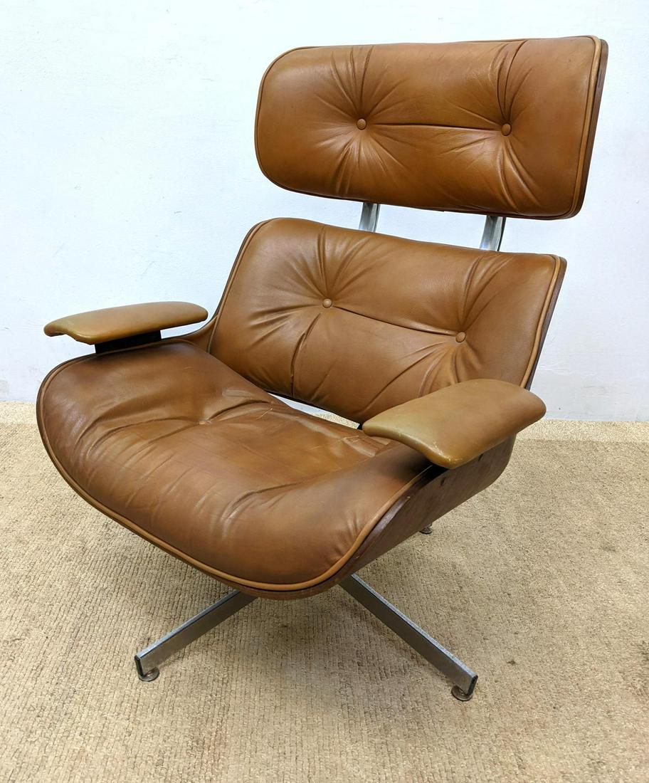CFA Modernist Leather Walnut Lounge Chair. Brown Leathe: CFA Modernist Leather Walnut Lounge Chair. Brown Leather. Styled after Eames Lounger. Marked. -- Dimensions: H: 41 inches: W: 31.5 inches: D: 28 inches ---