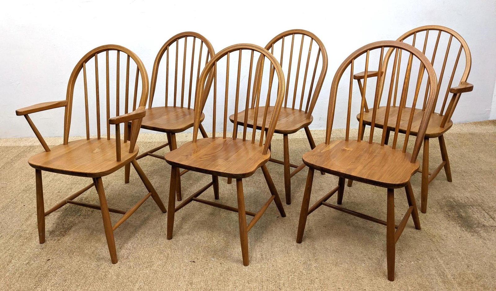 Set 6 Danish Modern Windsor Chairs. Two Arms. Marked De (1 of 13)