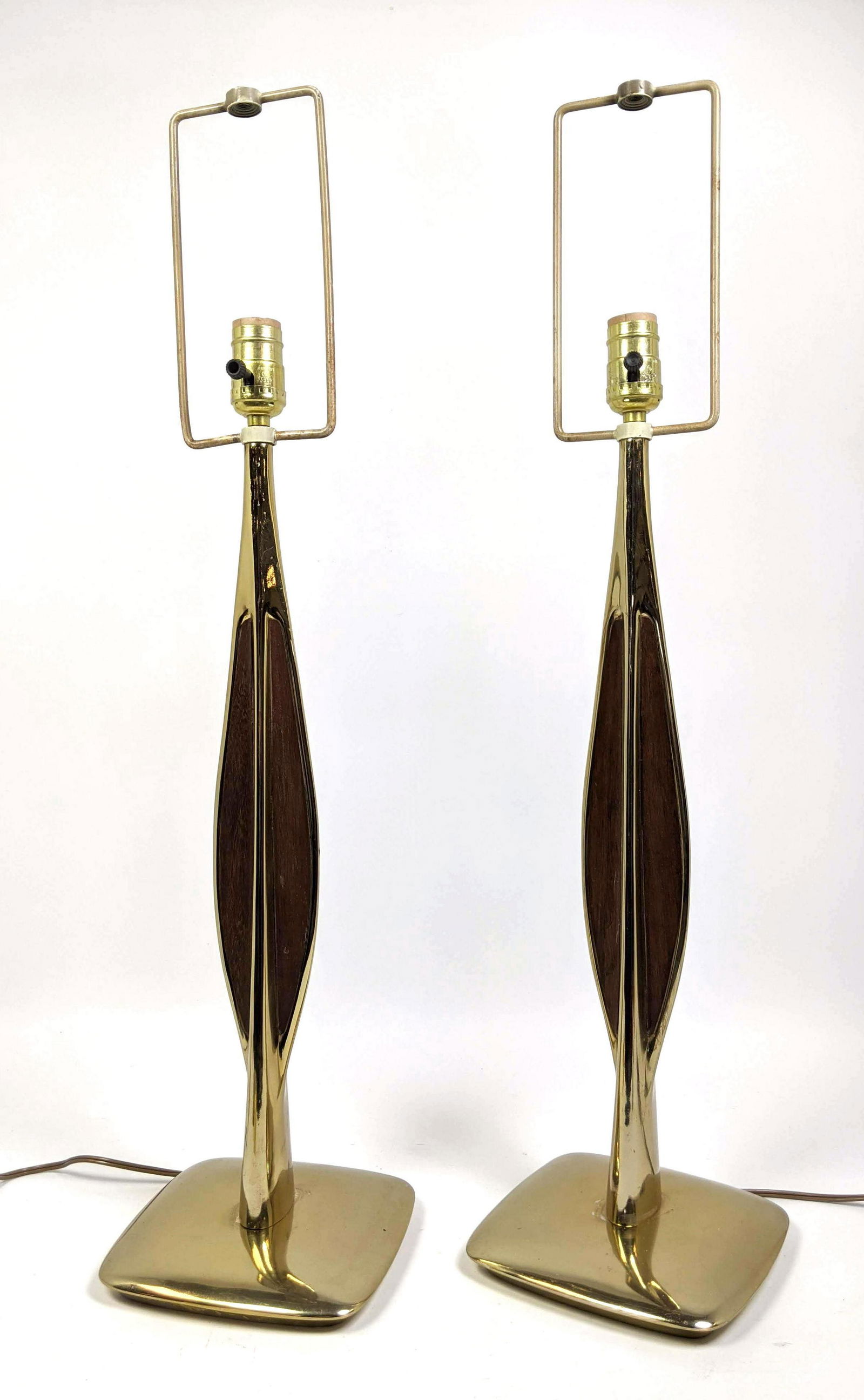 Pr LAUREL Brass & Wood Table Lamps. Wood veneer panels. (1 of 13)