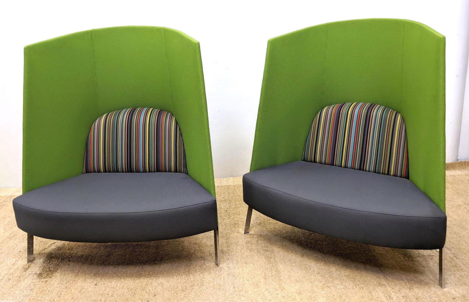 Pr FRACTALS Modernist High Back Lounge Chairs. Chrome f: Pr FRACTALS Modernist High Back Lounge Chairs. Chrome feet. Green upholstered backs. Charcoal seats with striped back support. Labeled. Designed by Jeffrey Bernett and Nicholas Dodziuk for Studio TK--