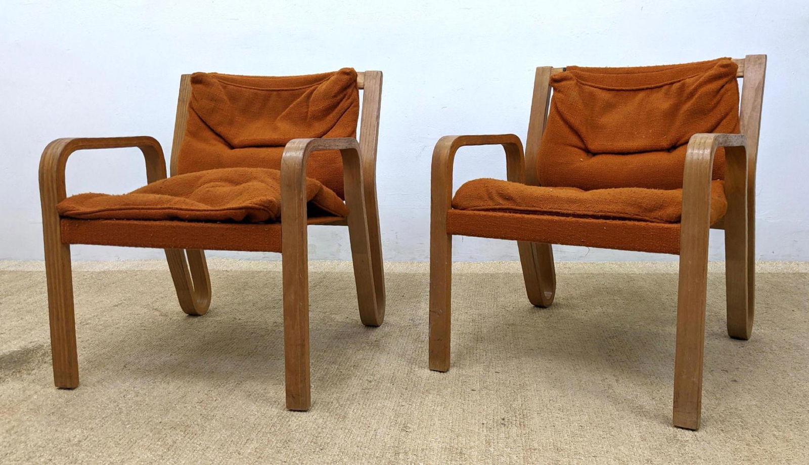 Pair Selig Molded Wood Frame Lounge Chairs.: Pair Selig Molded Wood Frame Lounge Chairs. -- Dimensions: H: 29 inches: W: 27 inches: D: 25 inches ---