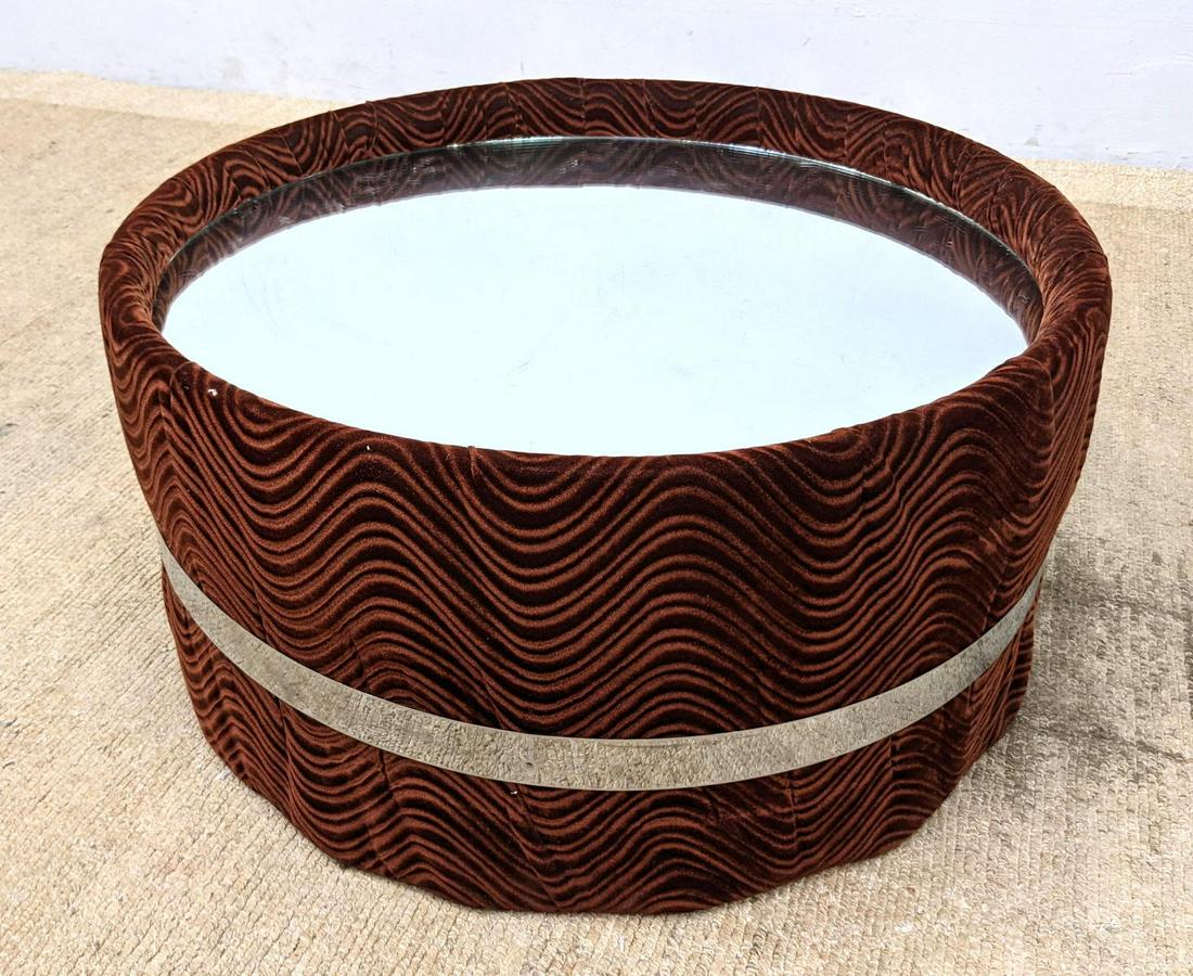 Vintage Upholstered Chrome and Mirror Table.: Vintage Upholstered Chrome and Mirror Table. -- Dimensions: H: 15 inches: W: 30 inches: D: 30 inches ---