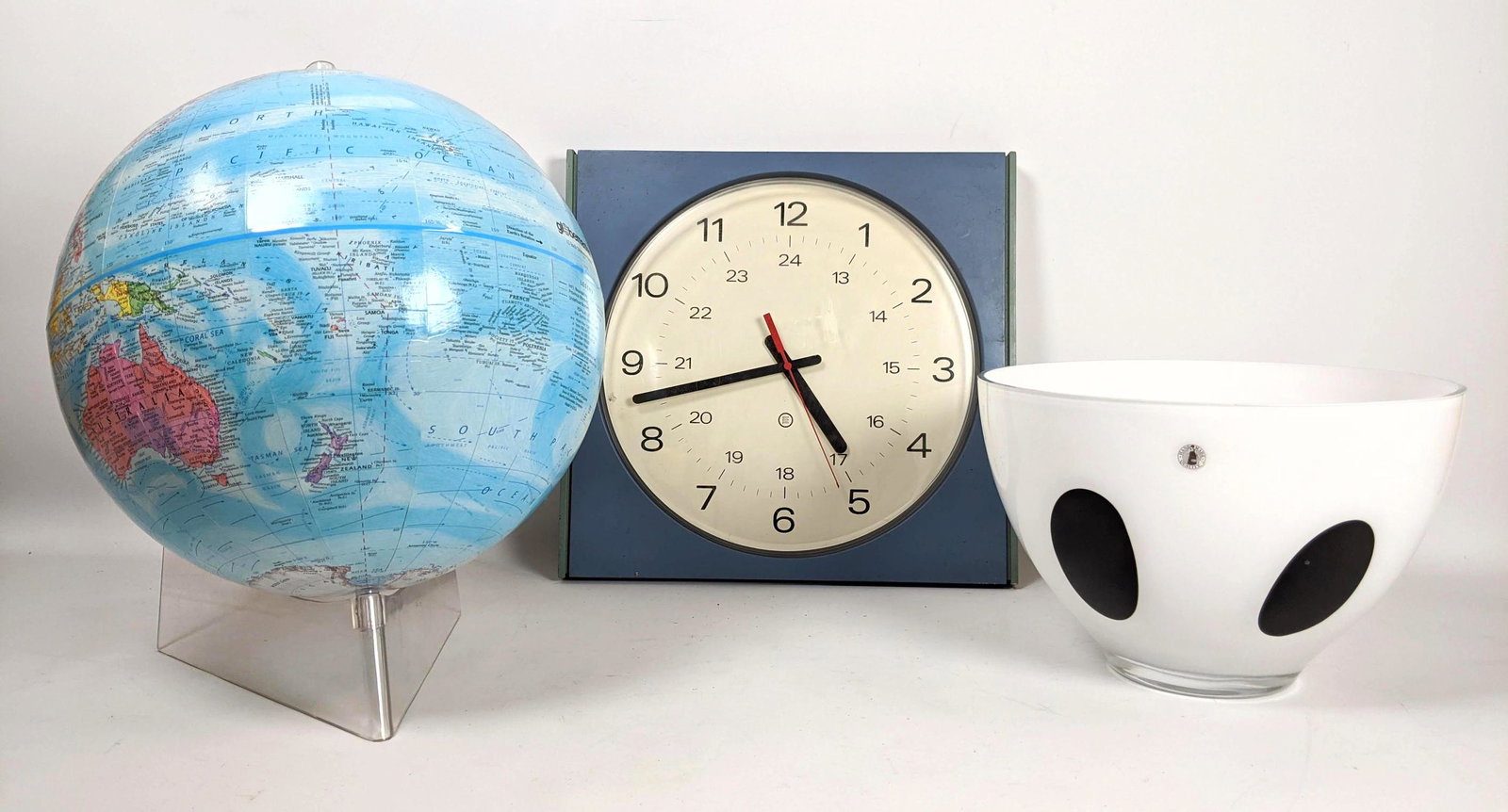 Mid Century design lot. Clock. Glass Bowl. Globe on Sta (1 of 12)