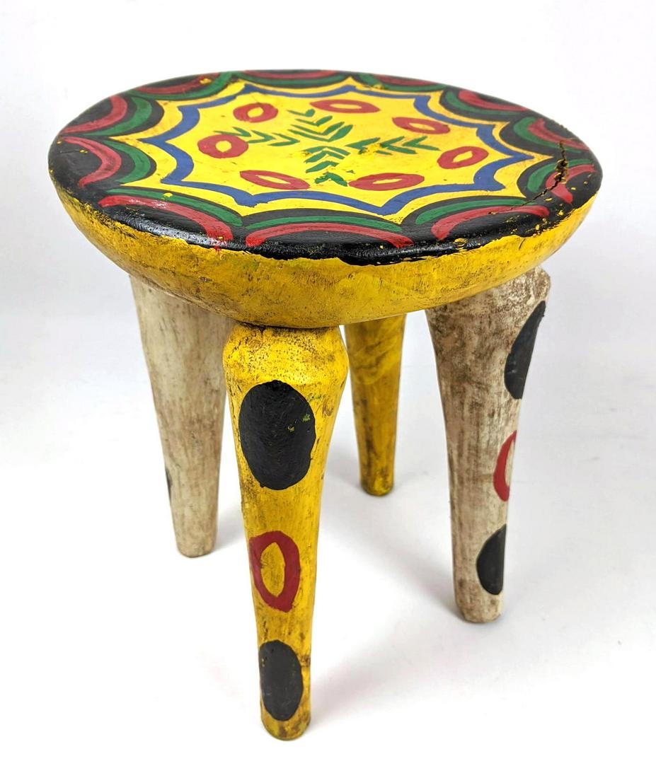 Colorful Hand Painted Primitive Wood Stool. Four legged (1 of 10)