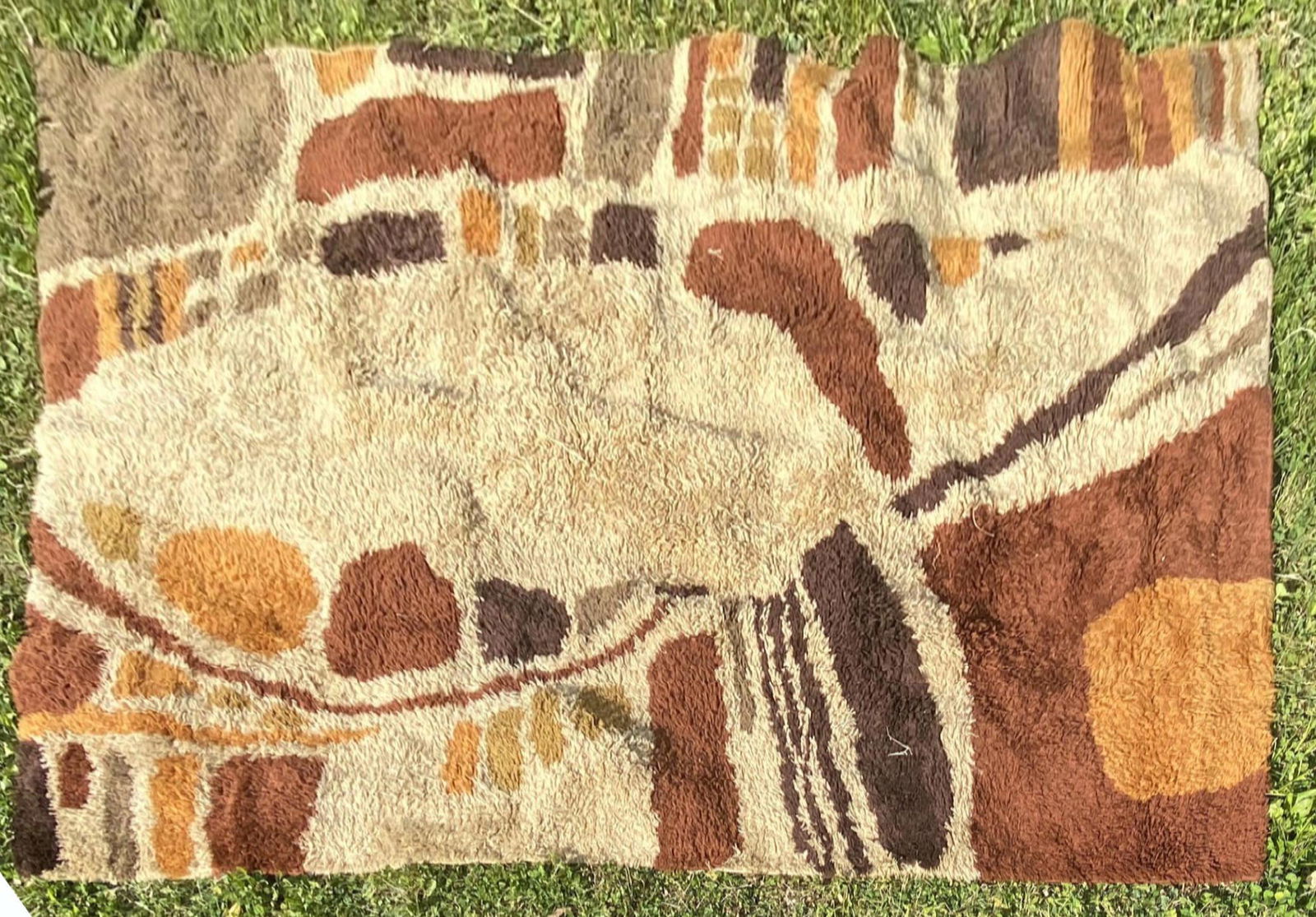 Modernist Shag Rug. Orange, Gold, Brown on tan ground. (1 of 11)